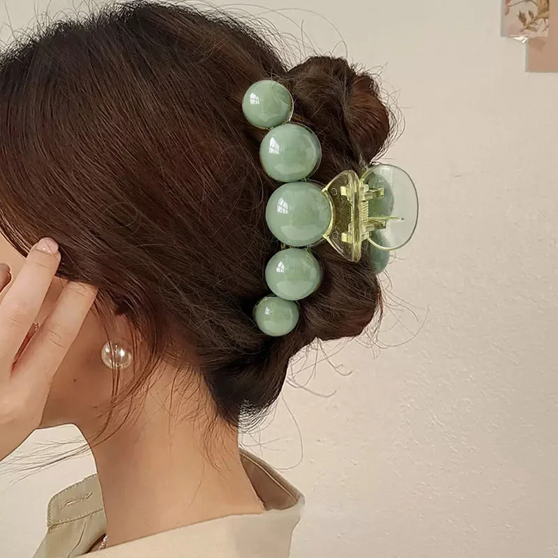 Korean Green Pearl Claw Clip Barrettes Large Curly Claw Clamp 2024 Fashion Women Shark Claw Crab Hair Accessories Headwear