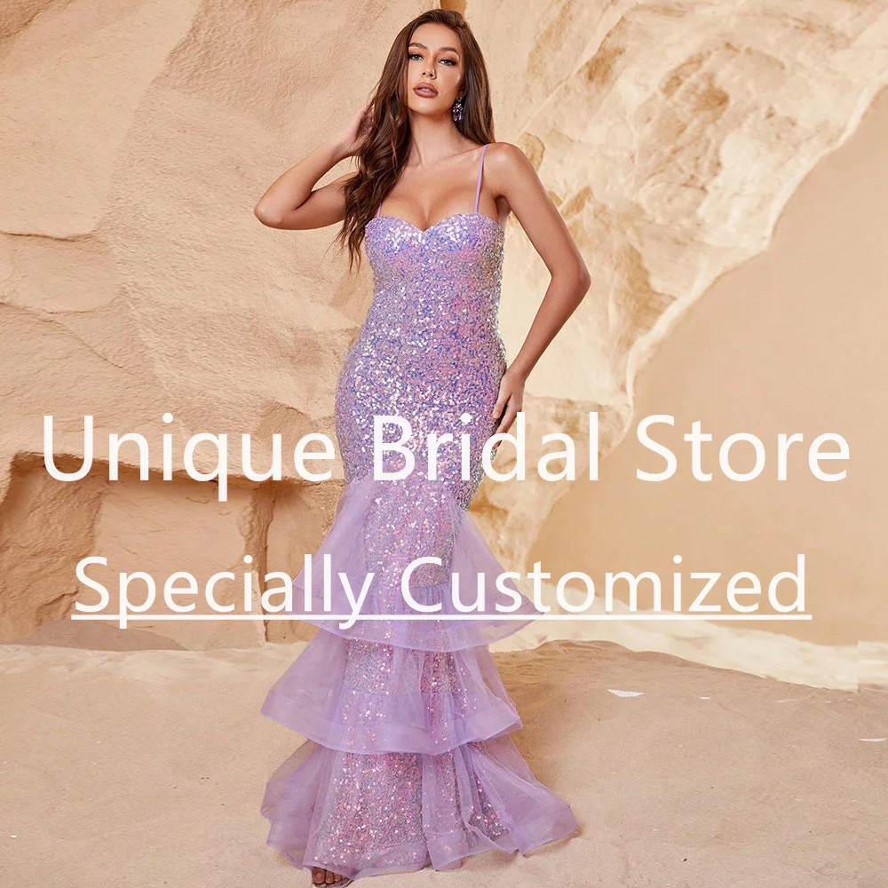 

Mermaid Party Dresses Sequin Spaghetti Strap Sweetheart Prom Dress Ruffle Backless Side Zipper Sleeveless Draped Evening Gown