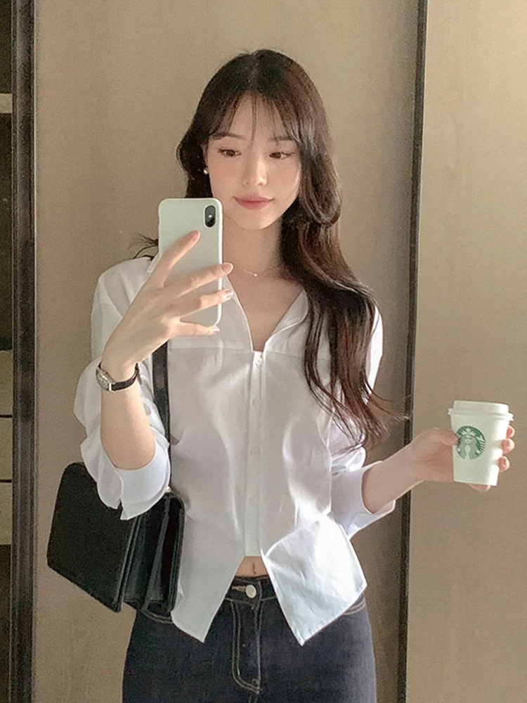 

Белый повседневный ort Sve Женский irt Весенний новый Sle Long Sve Faionable High Quali Split Ba Casual irt