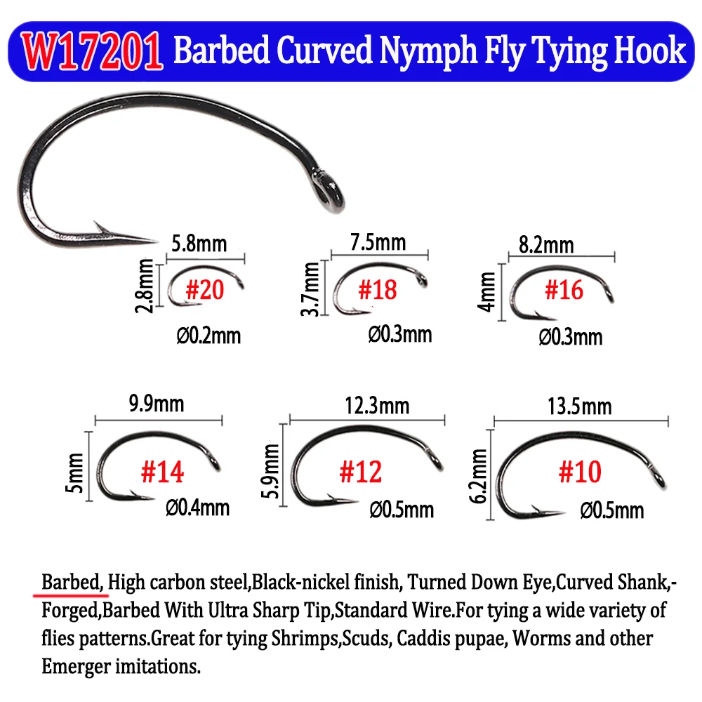 200 Stück Angelfliegenhaken mit Widerhaken und Widerhaken, Nymphen, Pupa, Ei, Fliegen, Trockenfliegen, Nassfliegen, Jig, Nymphenhaken, Caddis, Streamer, Fliegenbindehaken – Detail 10