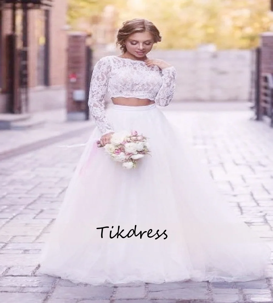 

Fairy Two Piece Wedding Dress With Lace Crop Top Bohemian Tulle Civil Bridal Dress 2026 Long Sleeve Outdoor Beach Country Bride
