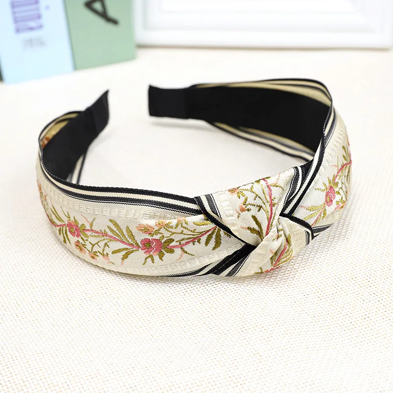 New Retro Female Ethnic Hairband Embroidery Flower Leaf Headband Head Bezel for Women Cross Knotted Hair Hoop Headbands Headwear