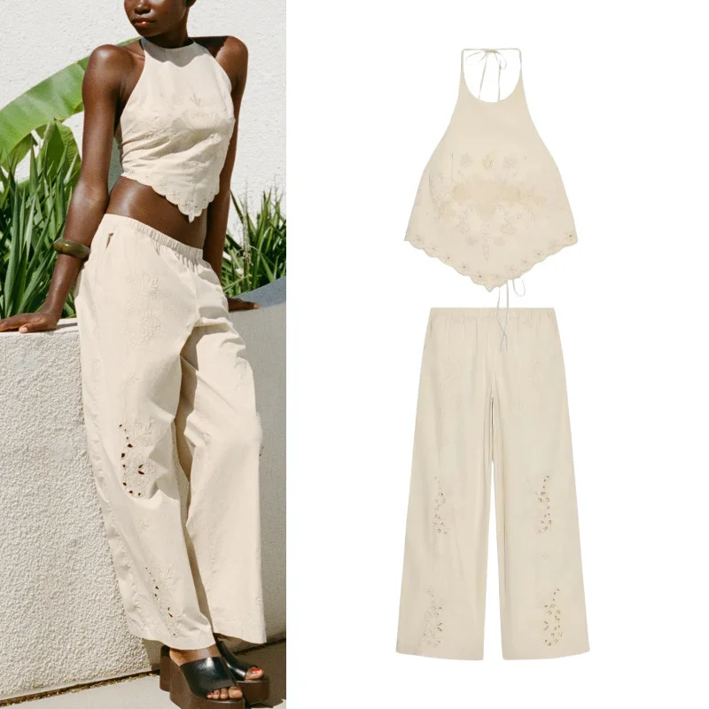 

Summer New Women's Set Neck Hanging Top Cotton Sleepwear Style Long Pants mid Waist Two-Piece Fashion Set
