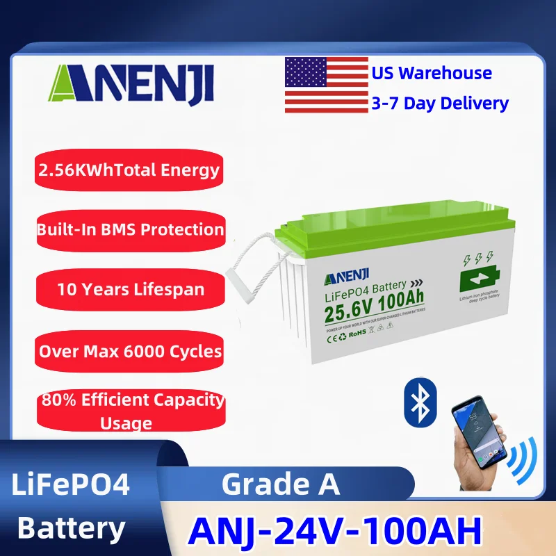 ANENJI 100AH 24V LiFePO4 Battery Packs Solar Lithium Iron Phosphate Battery Rechargeable BMS Grade A 6000+ Cycle