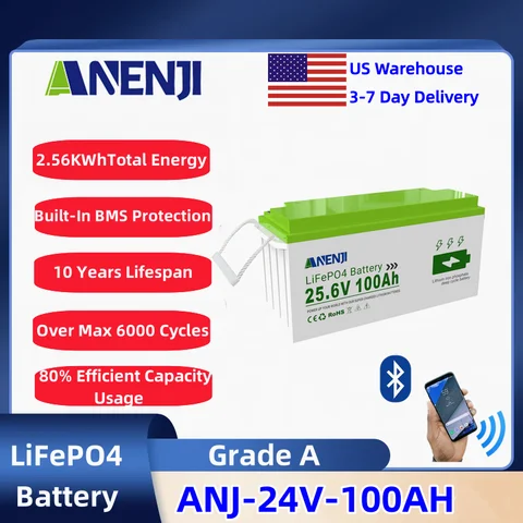 ANENJI 100AH 24V LiFePO4 Battery Packs Solar Lithium Iron Phosphate Battery Rechargeable BMS Grade A 6000+ Cycle
