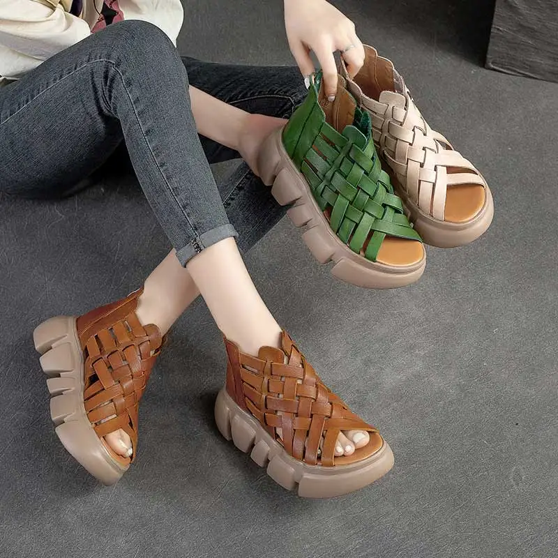 Summer New Knitted Hollow Sandals Thick Sole Elevated Shoes Breathable Candy Color Comfortable Roman Women's Shoes Peep Toes