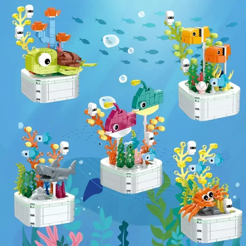 DIY Sea Animals Clownfish Crab Building Blocks Toys MOC Rays Turtles Fish Octopus with Water Plants Blocks Set Toys For Kids