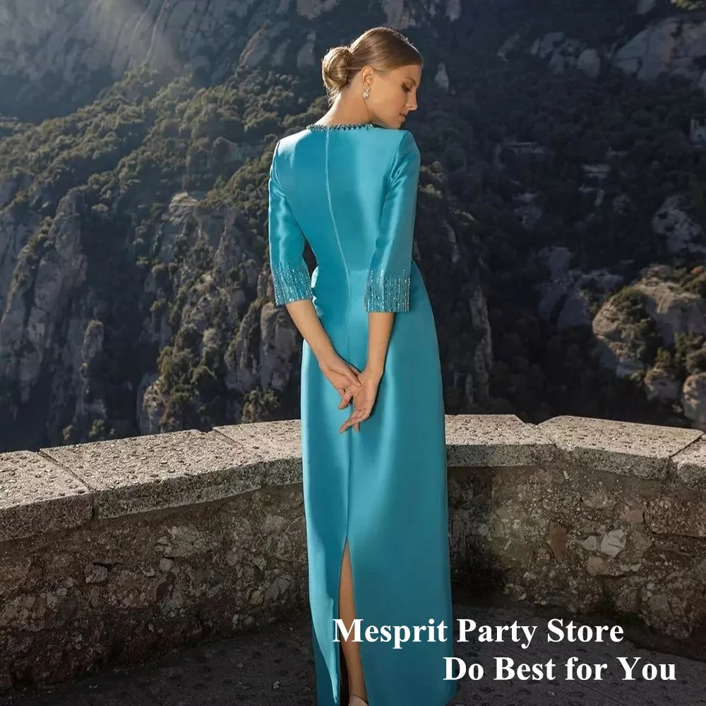 Sky Blue Evening Dress 3/4 Sleeves Round Neck Beading Stones Ankle Length Satin Mermaid Prom Gown Saudi Arab Party Dresses