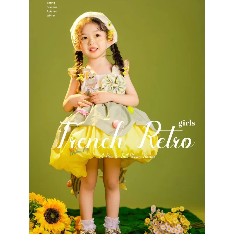 Baby Girls Sweet Princess Slip Lolita Dress Summer New Bow Ruffle Yellow Tutu Birthday Party Dresses Cute Photography Outfit