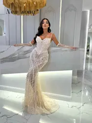 Mermaid Pearls Bead Sweetheart Neck Long Evening Dresses Sexy Illusion Celebrity Party Gowns Prom Night Vestidos Customized