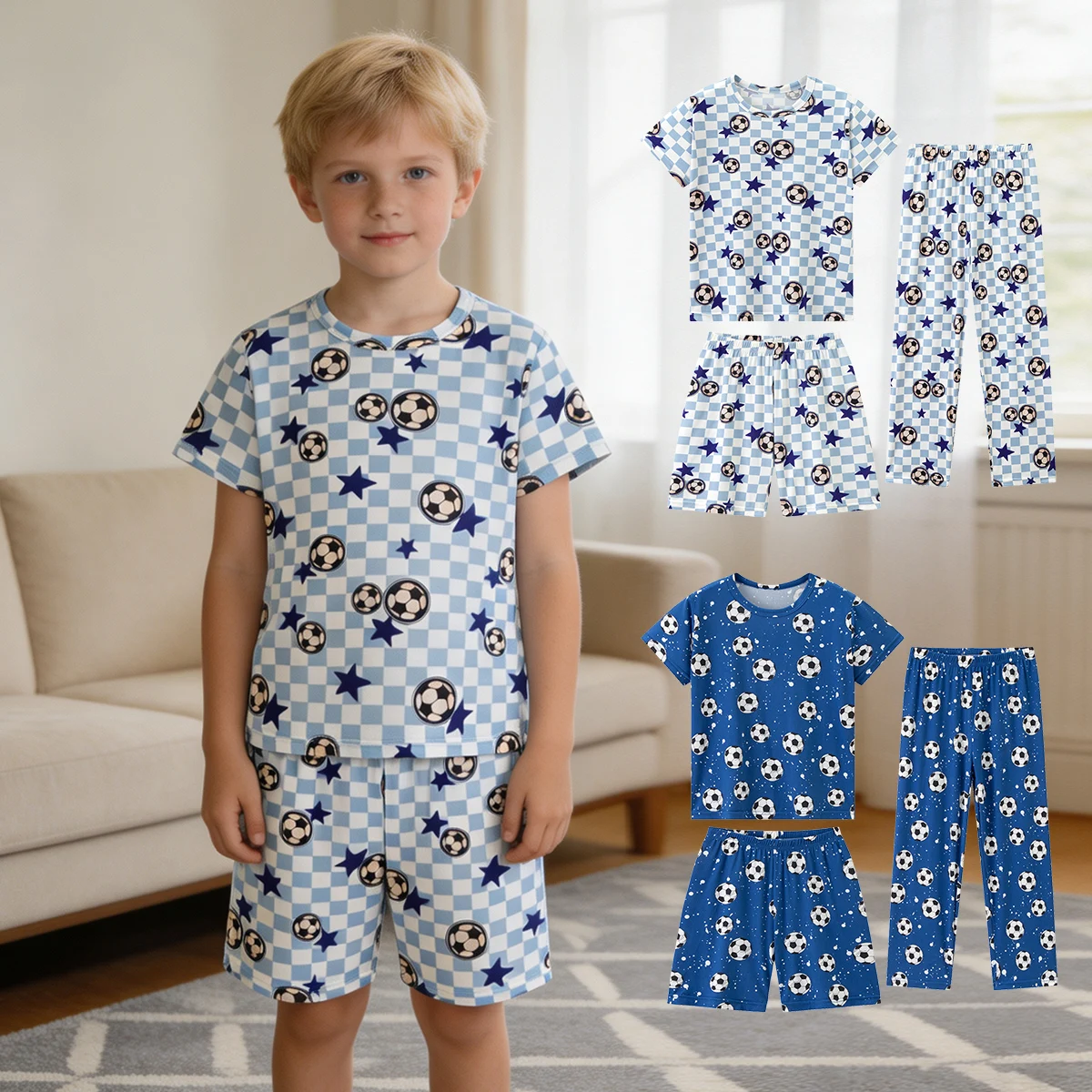 3-teiliges Frühling/Sommer-Kinderset, kurzärmelige Pyjamas, Shorts, feuchtigkeitsabsorbierende und bequeme Freizeithosen, modisch für zu Hause – Detail 1