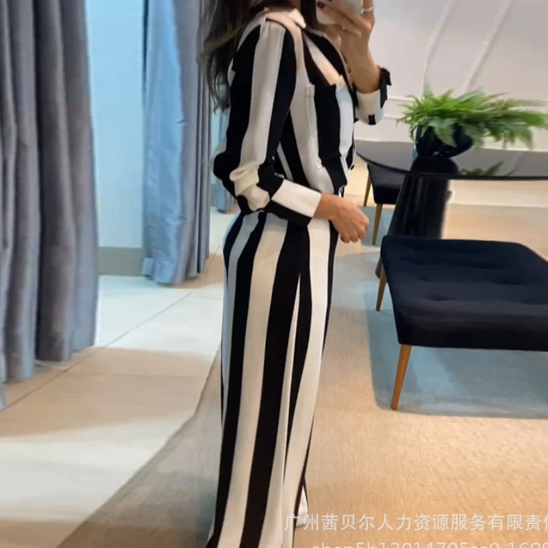 Striped Pocket Design Shirt & Wide Leg Pants Set Two Piece Set Women T Shirts Turn Down Collar Tops Trouser High Waist Pant Sets