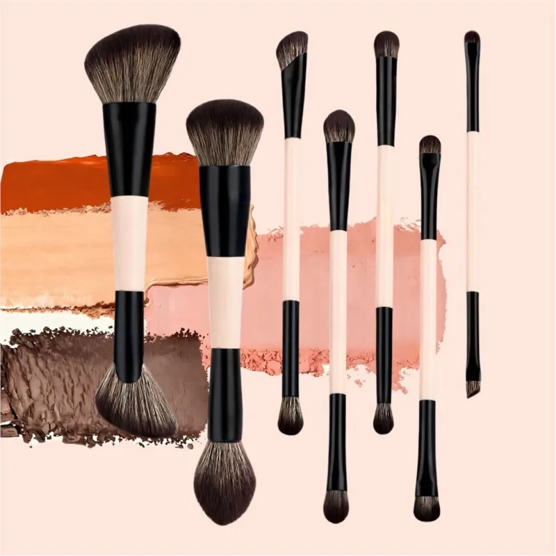 Double-ended foundation brush, loose powder brush, blush brush, contour brush and eyeshadow brush set