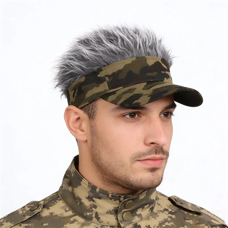 Men Synthetic Spiked Hair Wig Golf Baseball Cap Fake Short Hair Sports Hat Outdoor Army Green Camouflage Printed Sunshade Sunhat