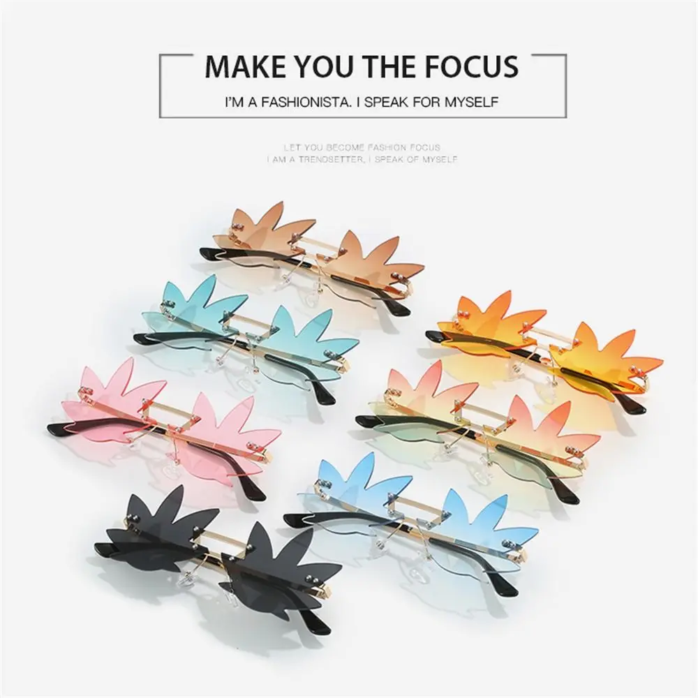 Unique Party Eyewear Shades Rimless Sunglasses for Women Sun Glasses Maple Leaf Shape