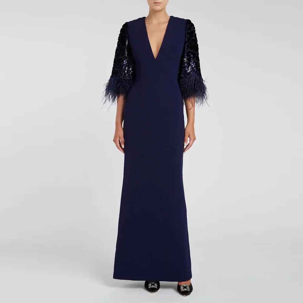 Muloong Dark Navy Deep V Neck Mermaid Feathers Cape Sleeves Midi Dress Floor Length Back Split Luxury Special Events Dress