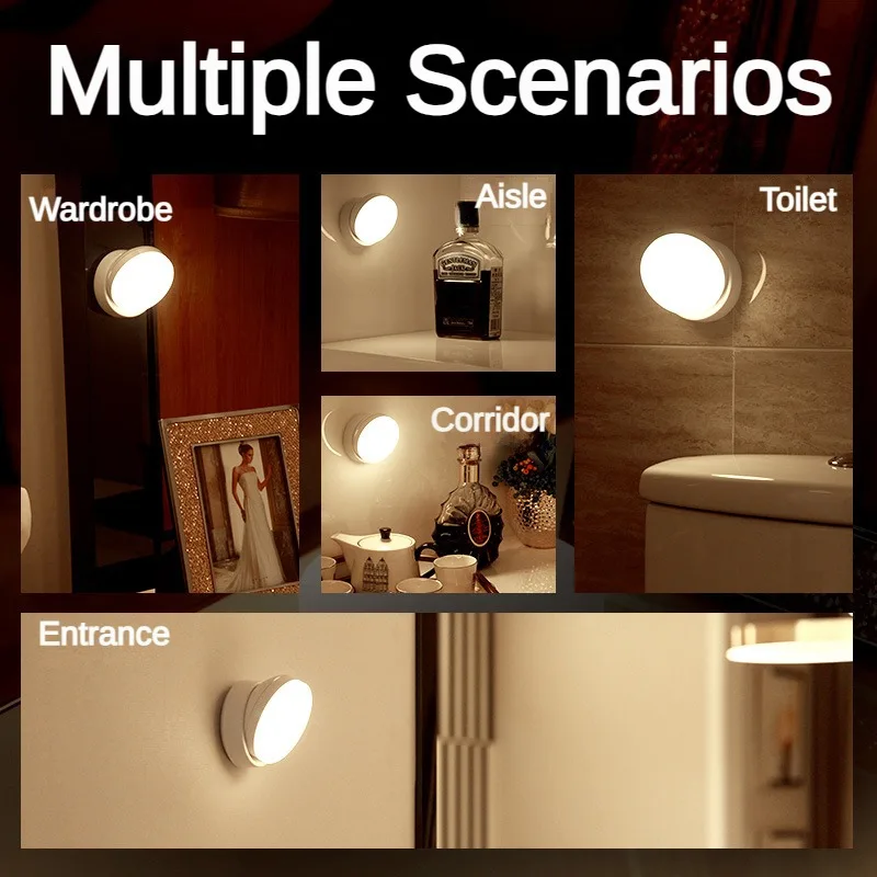 Battery Motion Sensor Night Light Led 360° Rotation Bedroom Living Room Bedside Lamp Round Eye Protection Lamps Cabinet Light