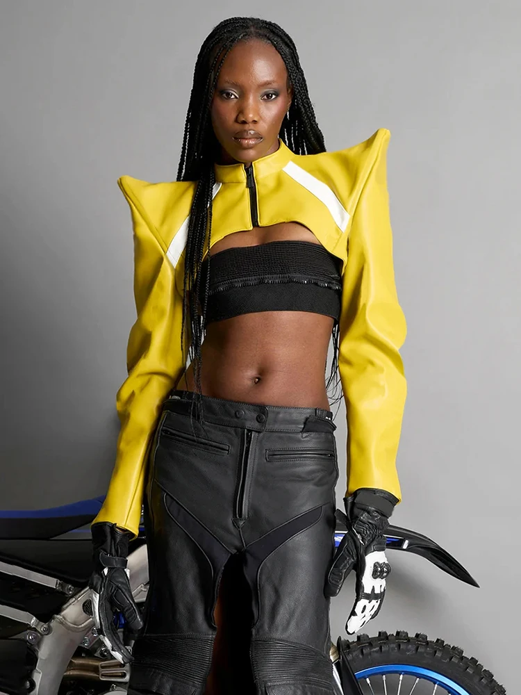 

Sisterlinda кожаная куртка на молнии женская лоскутная подплечники с длинным рукавом сексуальное полуночное мото стильное уличное хипстерское укороченное пальто