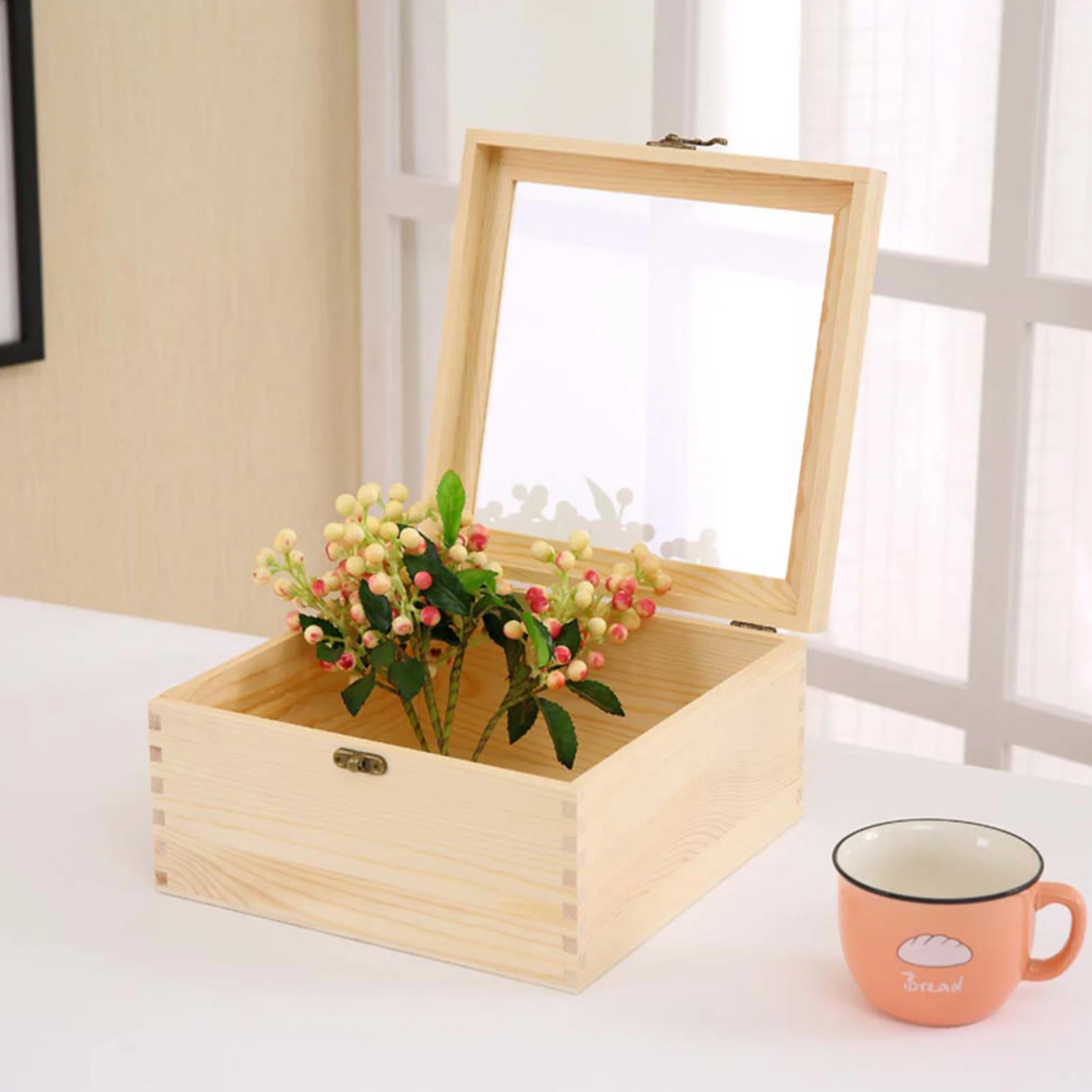 

Wooden Gift Box 12x12x10cm Immortalized Flower Storage Case Glass Lid Storage Organizer Decorative Lock Collection Box