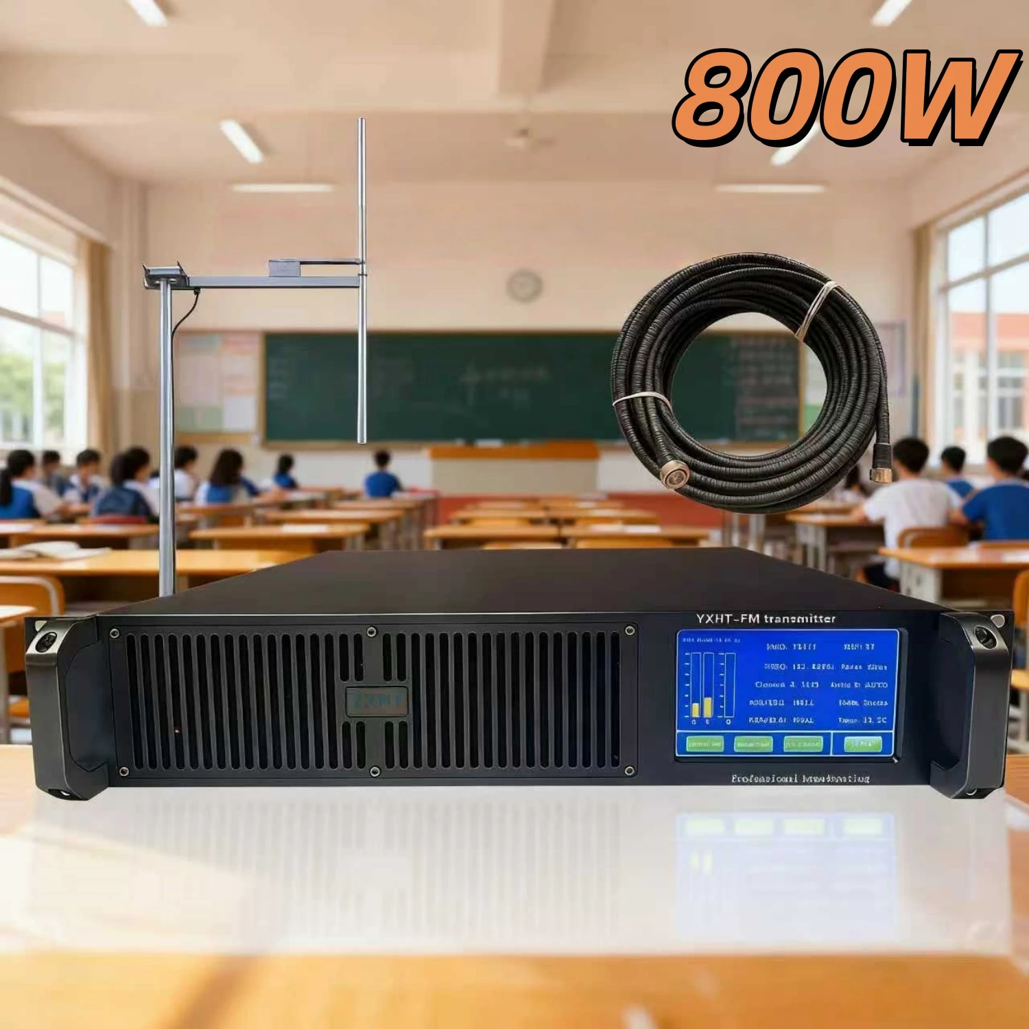 TC- الفصول الدراسية - جهاز إرسال FM مناسب بقدرة 800 وات مع هوائي وكابل - عملية متسقة مثالية للبث المدرسي