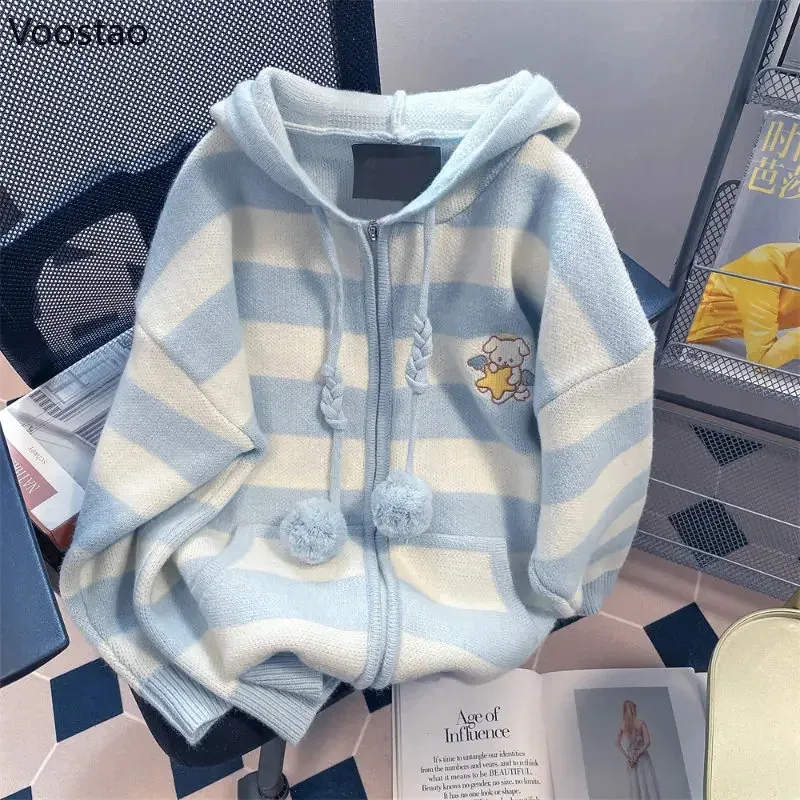 

NewSpring Autumn Casual Cartoon Embroidery Striped Hooded Sweater Women Sweet Knitted Cardigan Coat Japanese Girls Loose Kni DO9