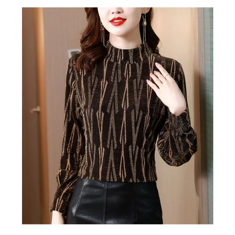 Women Autumn Winter High Neck Glitter Mesh Top Fleece Lined Long Sleeve Elegant Basic Blouse