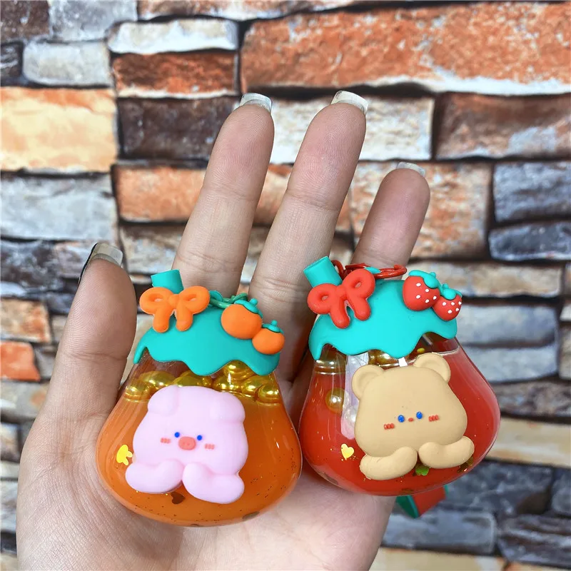 3pcs Creative Blessing Animal Liquid Key Chain Cute Strawberry Bear Drifting Bottle Keychain Floating Sequins Quicksand Keyring