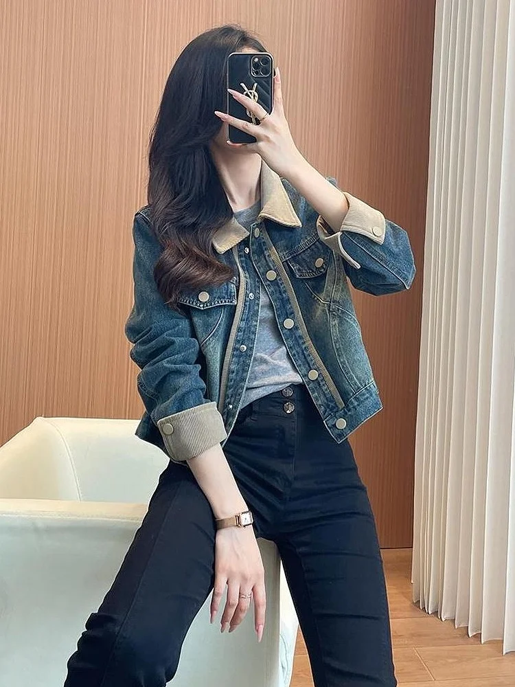 

Womens Vintage Waed Denim Jaet Spring Autumn Versatile ort Coat Button ket Design Straight Leg Sle Regular Sve