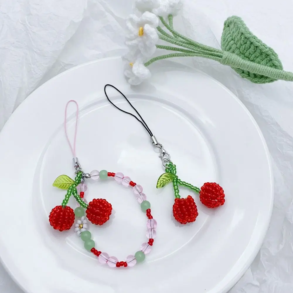 Beaded Y2K Mobile Phone Charms Short Cellphone Chain Summer Cherry Pendant Korean Keychain Cherry Phone Lanyard Female Lady Girl