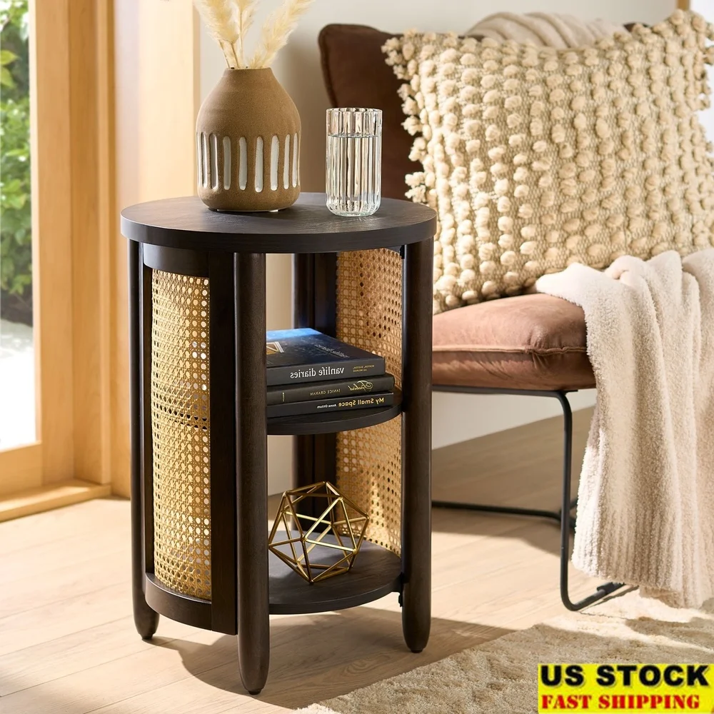 

Modern Side Table with Open Storage Rattan Details Round Design Solid Wood Accent Indoor Furniture