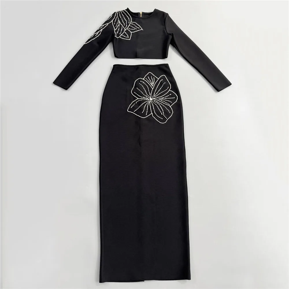 

Two Piece Sets Luxury Diamond Bandage Skirts Sexy Long Sleeves Short Top + Bodycon Long Skirt Suits Evening Party Cocktail Sets