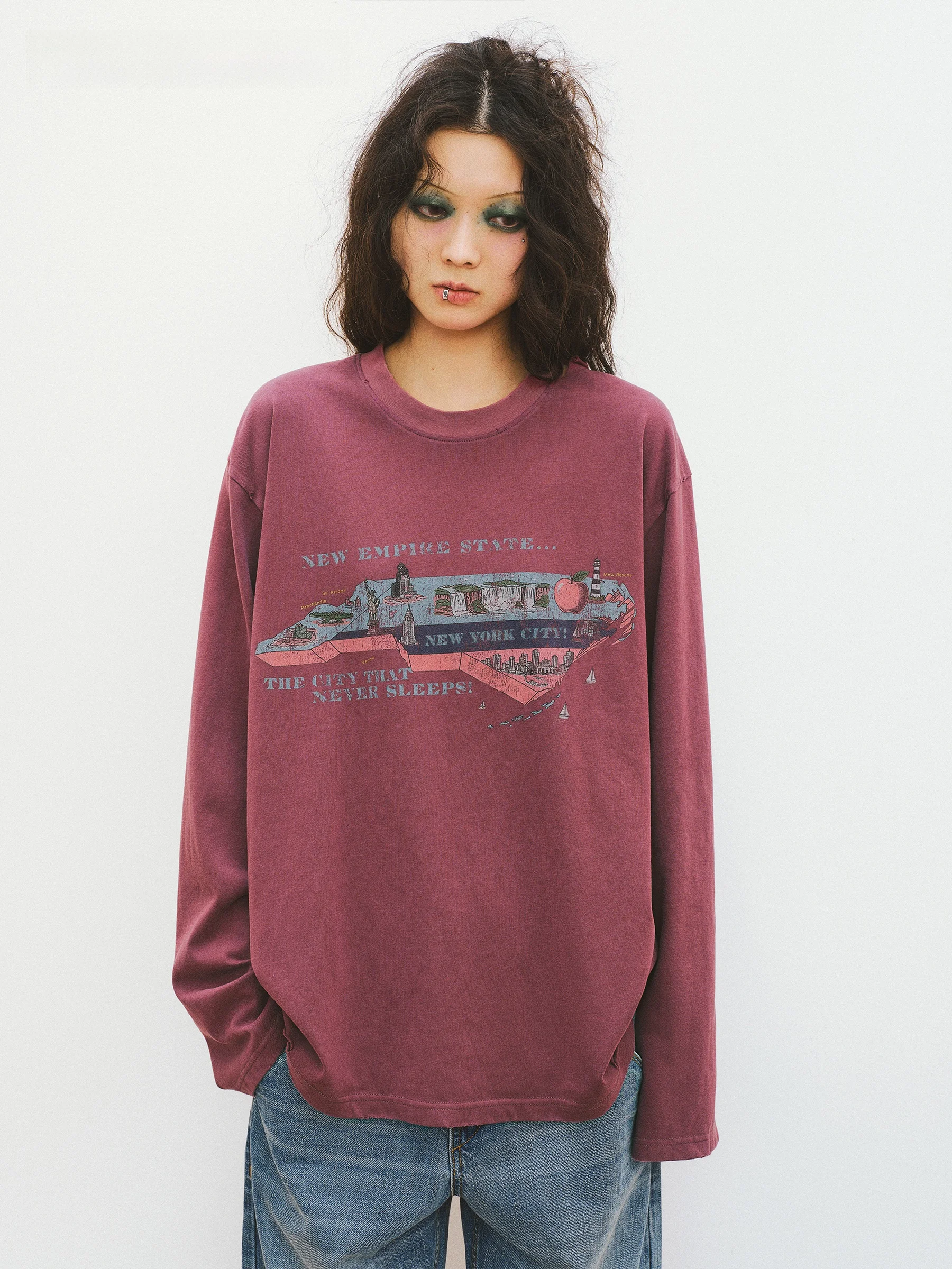 

VERMO Vintage Travel Map Print Loose Long Sleeve T-Shirt Cotton Polyester Blend Retro Style Men Women Universal Casual Top