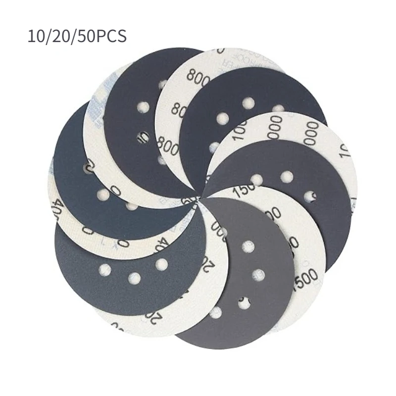 

TQLQ10/20/50PCS 5 Inch 8 Hole Sandpaper 60-10000 Grit Various Silicon Carbide Hook Loop Wet and Dry Sandpaper for Car Wood Metal