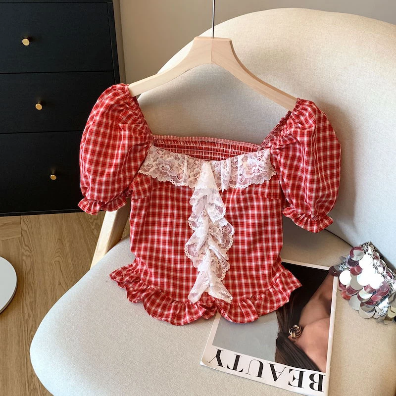 

Summer Plaid Crop T Shirt Women Sweet Lace Patchwork Puff Sleeve Slim Fit Tees Kawaii Ruffle Preppy Casual Pure Cotton Chic Tops