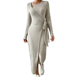 Women Knit Maxi Dress Warm Knitted Jacquard Robe Casual Long Sleeved Round Neck Side Slit Sweater Dress Slim Fit Streetwear