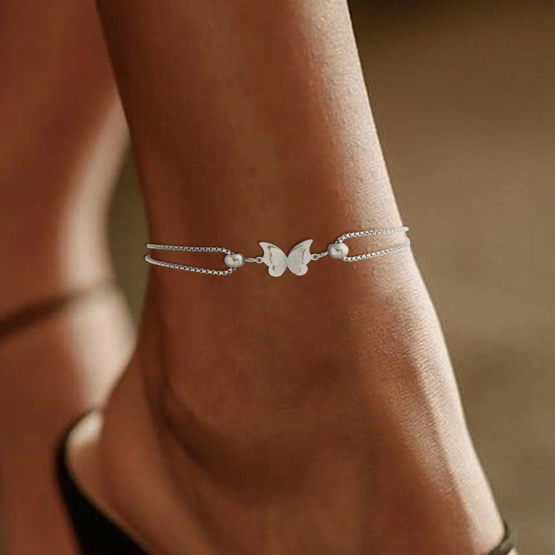 Frosted Butterfly Women\'s Vintage Beach Style Titanium Steel Plated 18k Gold Low Allergy Layered Jewelry Gift Feet Chain
