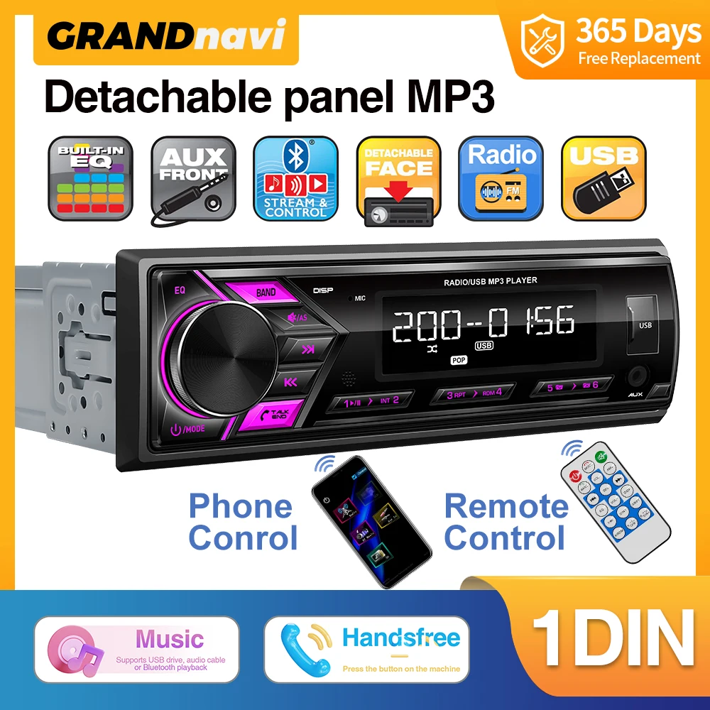 

Автомобильный MP3-плеер Grandnavi со съемной панелью 1DIN, 7-цветная подсветка, USB FM-радио, тюнер со светодиодными сегментными дисплеями, вход AUX USB