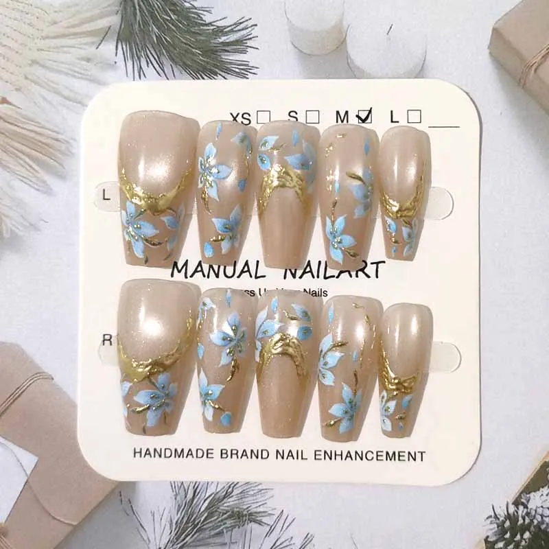 10 Stück Frühlingsblumen-Buchstaben-Serie, hochwertige vergoldete lange T-Press-on-Nägel mit Katzenaugen-Effekt, abnehmbare künstliche Nagelkunst