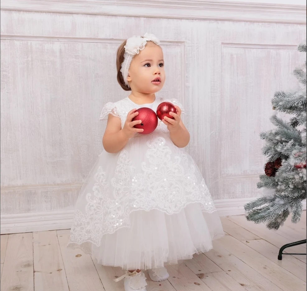 

White Baby Christening Gowns Glitter Sequins Lace Girls Baptism Appliques Long Train Newborn Birthday First Communion Dresses