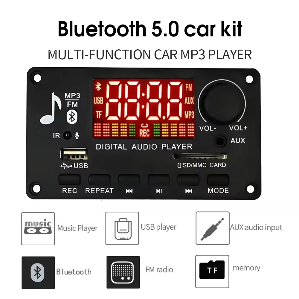 KEBIDUMEI LCD Screen 80W Amplifier DC 12V Bluetooth 5.0 Audio MP3 Decoder Board Supports Car Call Recording MP3 USB TF FM
