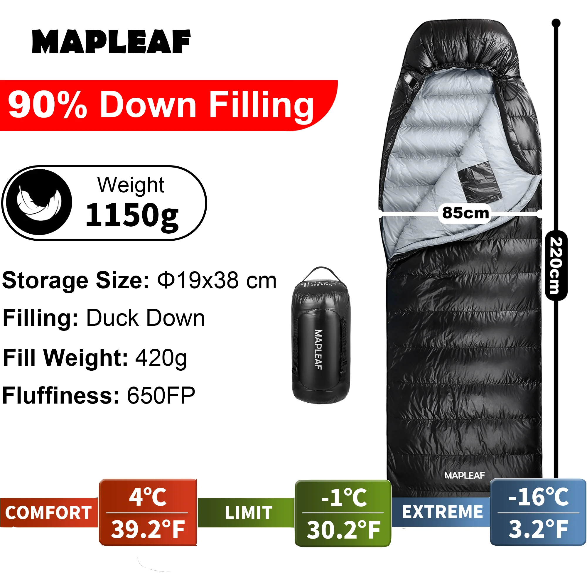 MAPLEAF Eendendons Slaapzak Waterdicht Winddicht 650FP Warme Winterslaapzak Koud Weer Wandelen Camping Slaapzak
