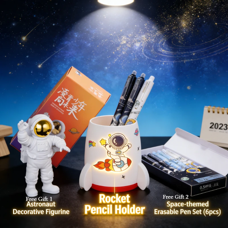 

Держатель для карандашей в виде мультяшной ракеты (в комплекте 1 украшение и 1 коробка ручек) Настольный органайзер для карандашей с наклейками