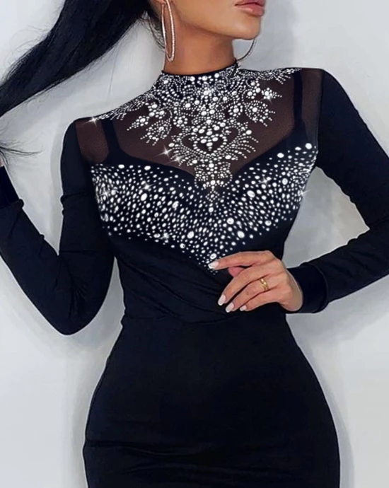 Fashion Dresses for Women 2023 Autumn Sexy Long Sleeve Round Neck Hot Diamond Elegant Party Bodycon Mini Dress