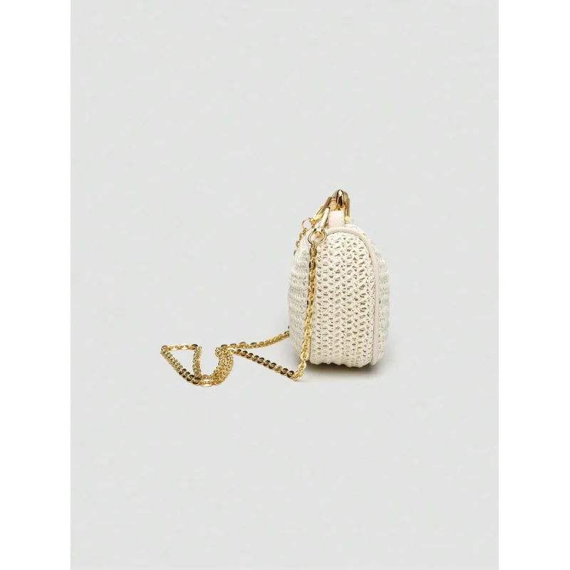 1 قطعة ، وصول صيفي جديد ، نسائي ، مقبض معدني صغير كروسبودي سحاب ، حقيبة صغيرة منسوجة من القش ، لادي عادية