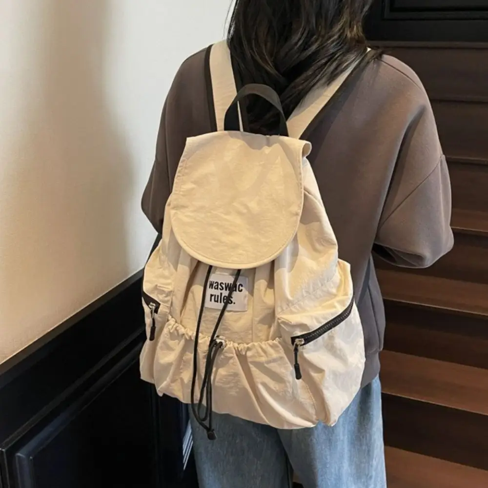 Simple Solid Color Drawsting Backpacks Light Weight Large Capacity Ruched Shoulder Bags Casual Nylon Student Schoolbag Men Women