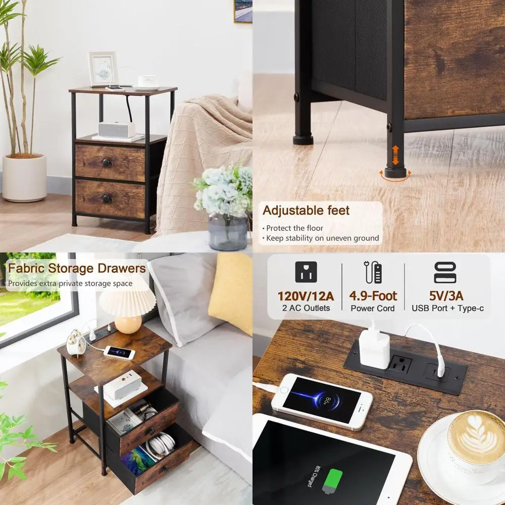 

Rustic Brown Nightstand Set with Charging Station & Fabric Drawers for Compact Spaces