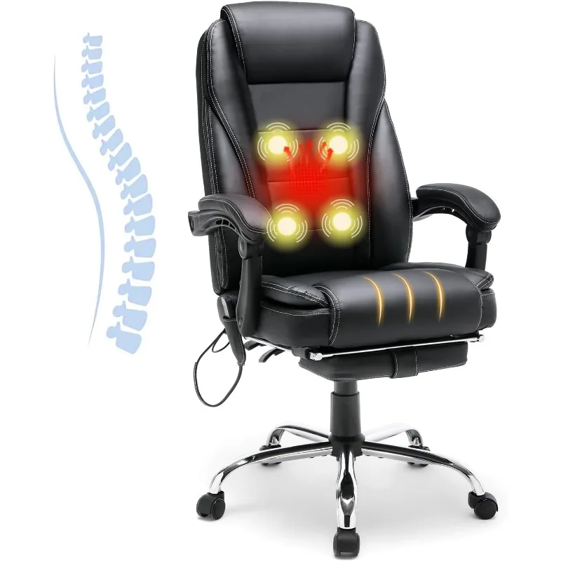 4-Point Massage Reclining Office Chair, Leather Heating Executive Chair, Ergonomic Home Office Desk Chair