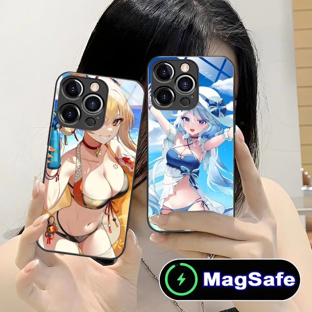 حافظة هاتف محمول Genshin Impact Ecchi لهاتف iPhone 16 15 14 13 12 11 Pro Max Plus Mini MagSafe غطاء حماية بلون زجاجي