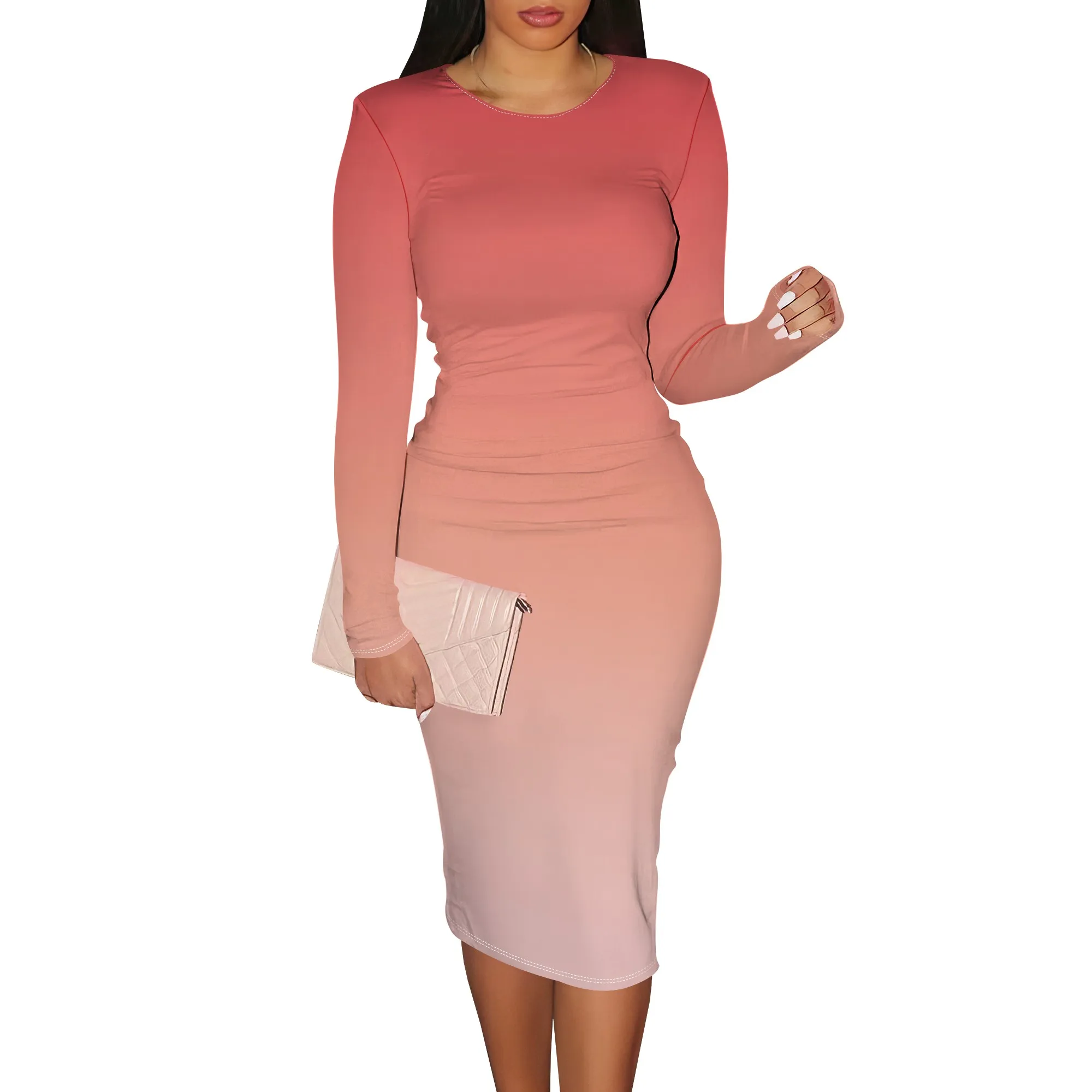 فستان نسائي طويل Bodycon أساسي بأكمام طويلة فستان كاجوال ملفوف برقبة دائرية مثير منحنى للعمل والمكتب تنورة ميدي رصاص