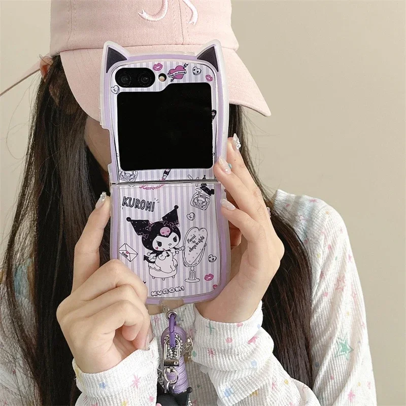 Funda de teléfono Sanrio Kuromi con dibujos animados 3D para Samsung Galaxy Z Flip 6 5, funda trasera suave de TPU para Z Flip 3 4 con cordón